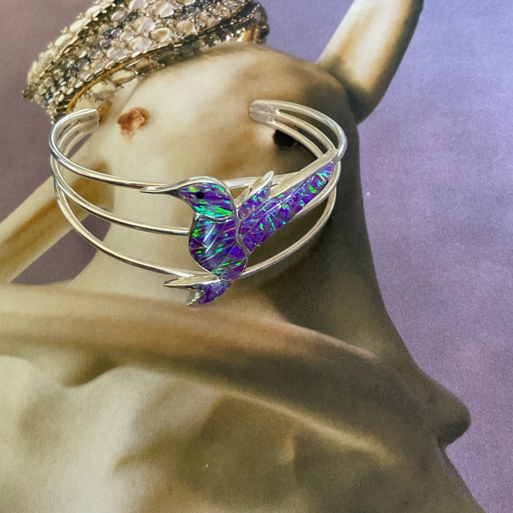 Navajo TOM SAM Silver Hummingbird CUFF with BEAUTIFUL OPAL Inlay.